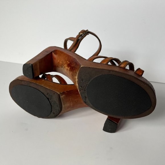 Vintage 70s Bear Traps Wooden & Leather Platform Heel Sandals Women's size 7.5 - Picture 13 of 15